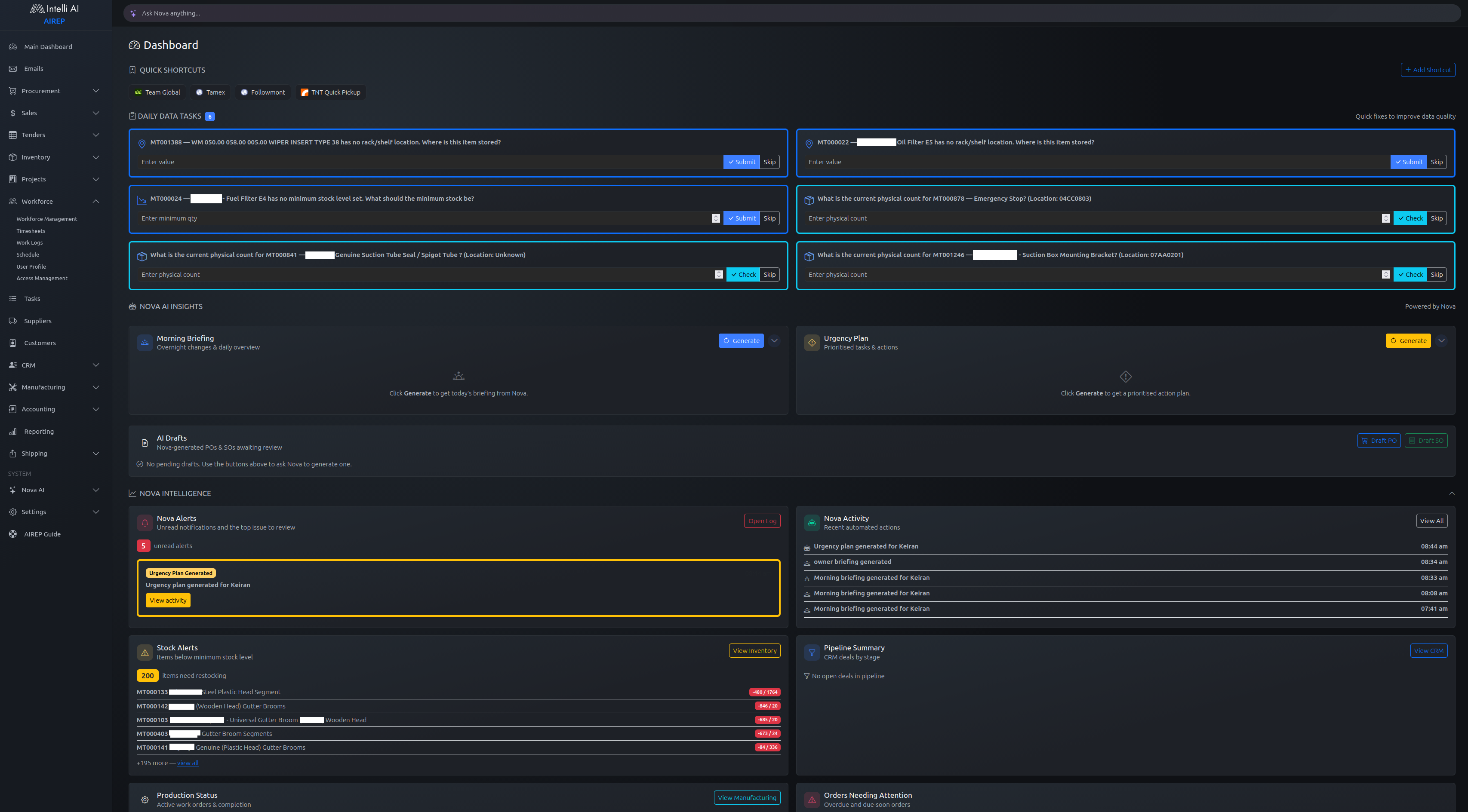 AIREP dashboard showing AI insights, stock alerts, production status, and daily briefing